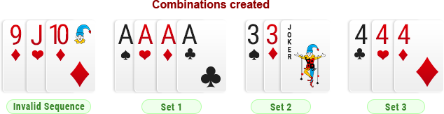 Rummy combination except a pure sequence