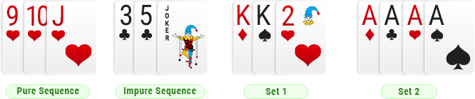 Rummy combination except a pure sequence