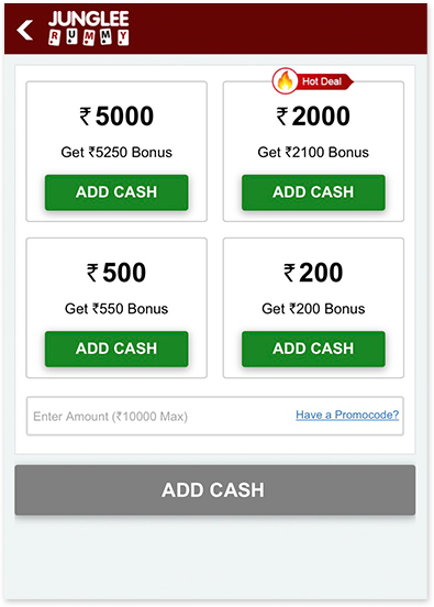 Add cash on Junglee Rummy