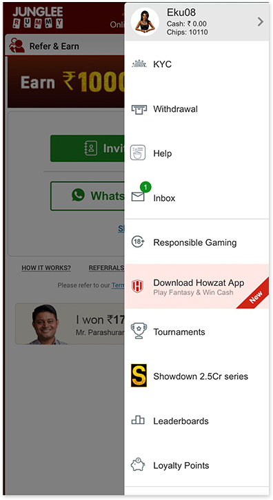 Junglee Rummy App Menu