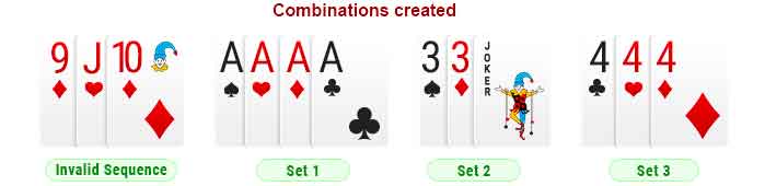 Rummy combination except a pure sequence