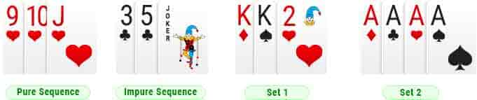 Rummy combination except a pure sequence