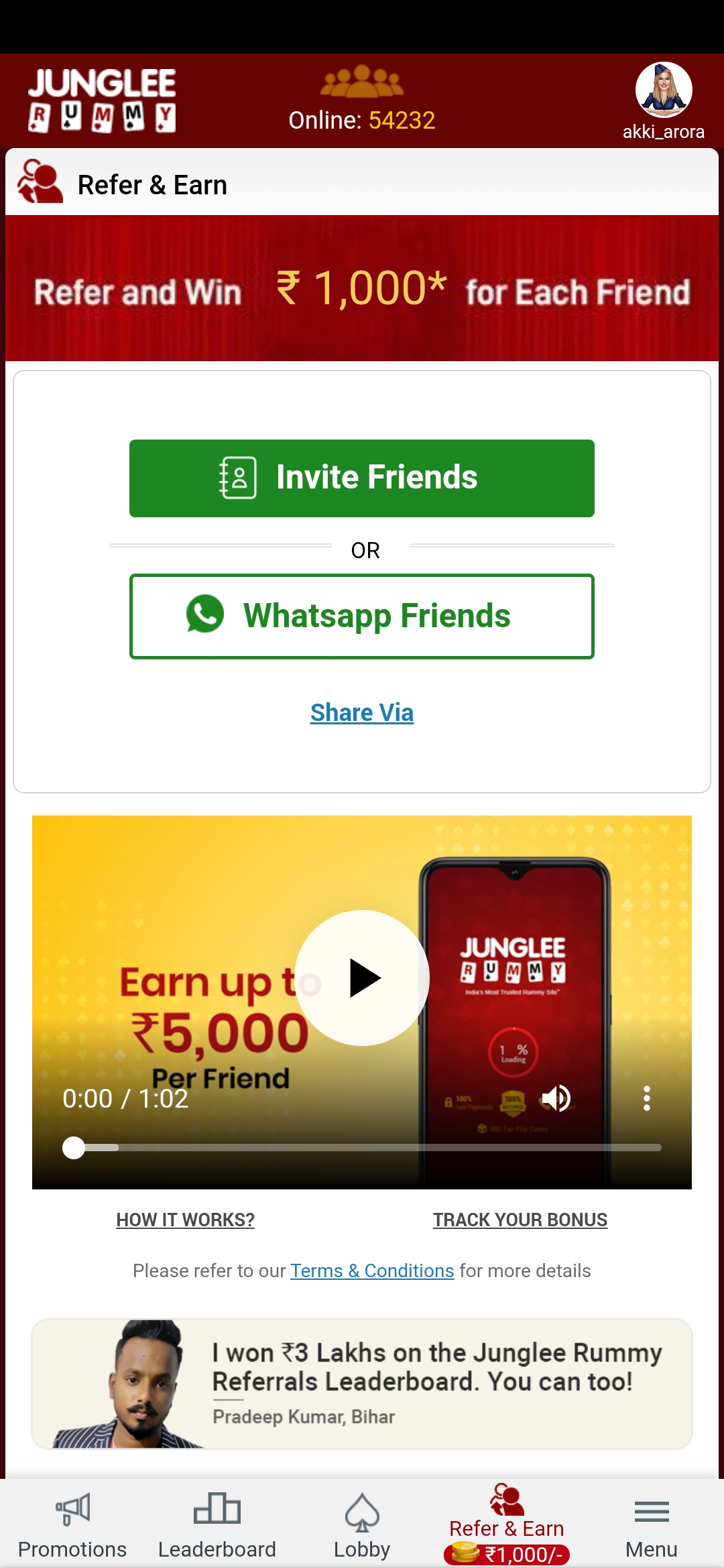 Junglee Rummy Refer and Earn
